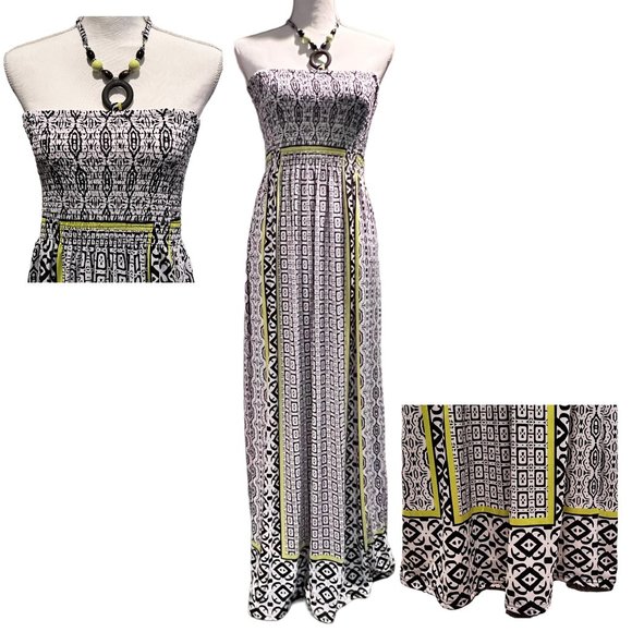NWOT Maxi Dress Size L Black, White & Lime Green Beaded Neck Ties Smocked - Picture 1 of 5